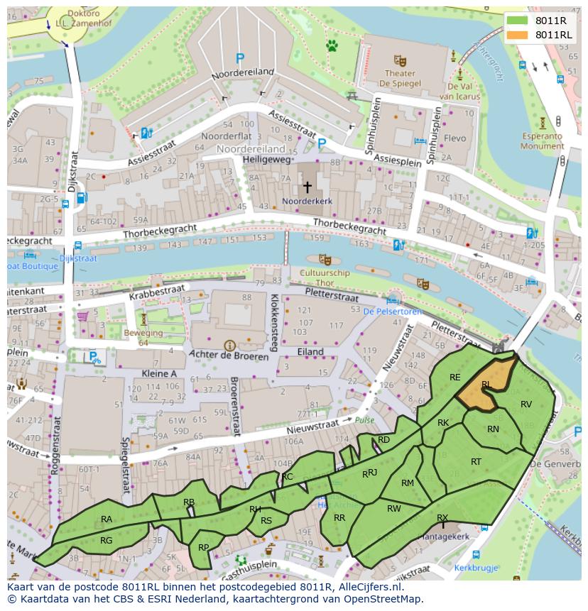 Afbeelding van het postcodegebied 8011 RL op de kaart.