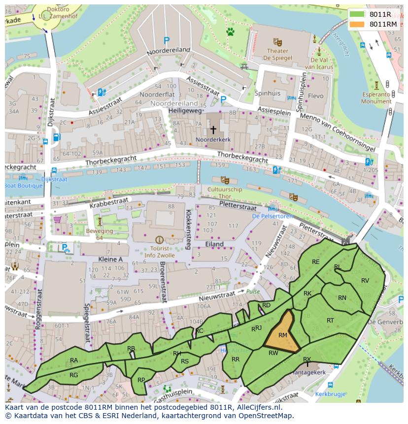 Afbeelding van het postcodegebied 8011 RM op de kaart.