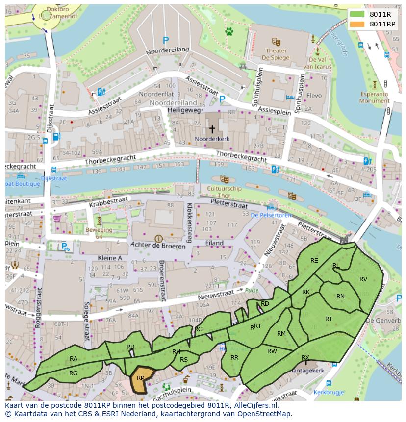 Afbeelding van het postcodegebied 8011 RP op de kaart.