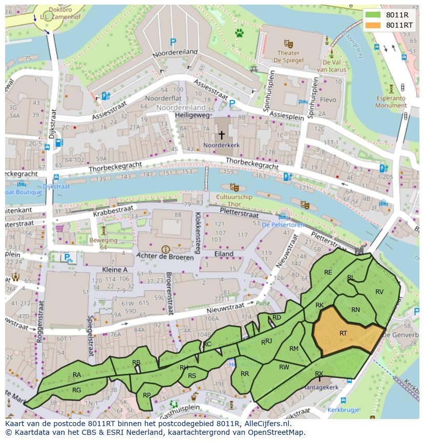 Afbeelding van het postcodegebied 8011 RT op de kaart.
