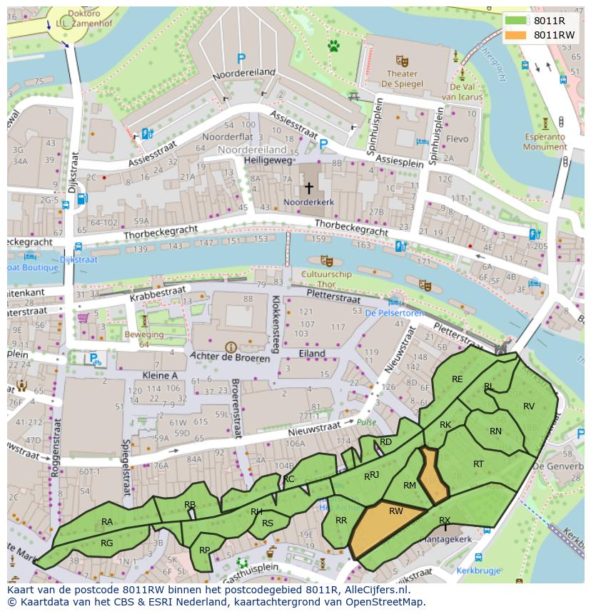 Afbeelding van het postcodegebied 8011 RW op de kaart.