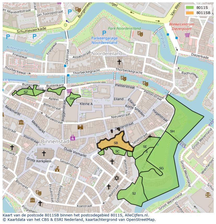 Afbeelding van het postcodegebied 8011 SB op de kaart.