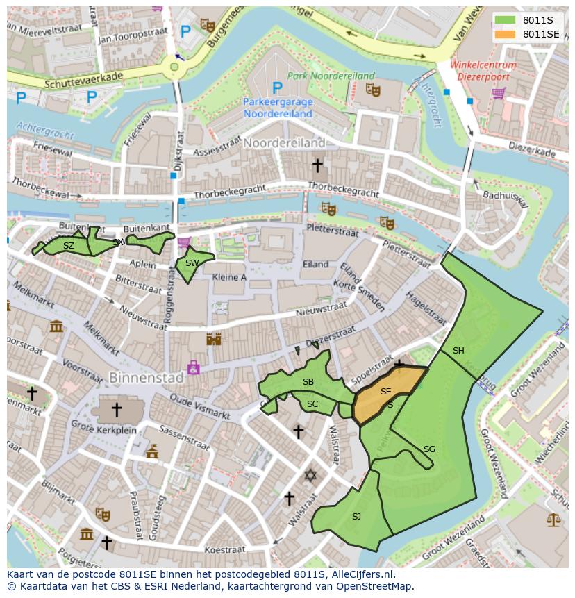 Afbeelding van het postcodegebied 8011 SE op de kaart.
