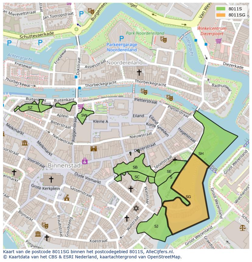 Afbeelding van het postcodegebied 8011 SG op de kaart.