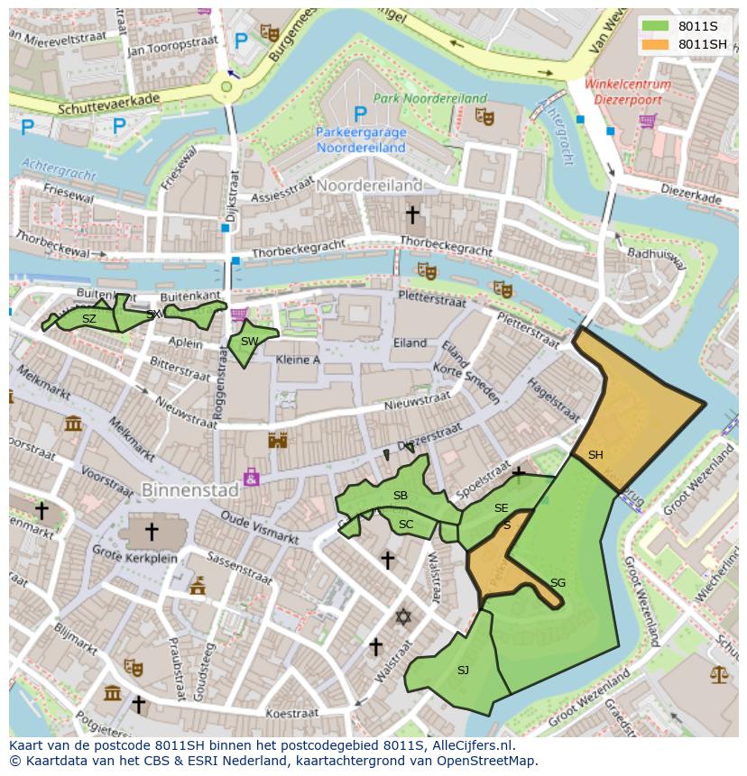 Afbeelding van het postcodegebied 8011 SH op de kaart.