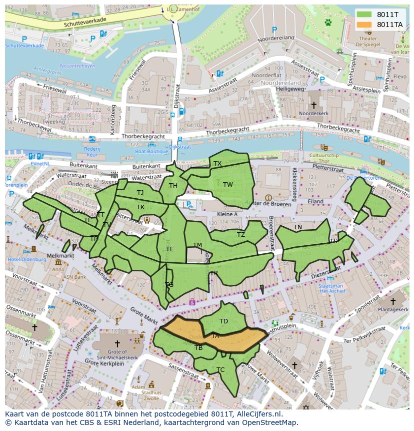 Afbeelding van het postcodegebied 8011 TA op de kaart.