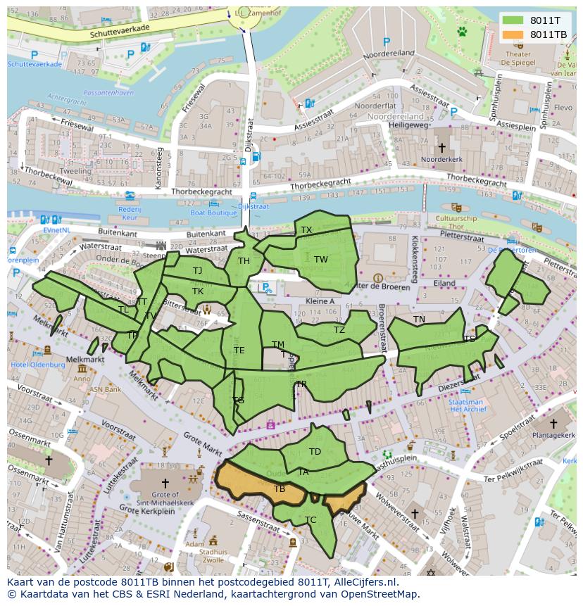 Afbeelding van het postcodegebied 8011 TB op de kaart.