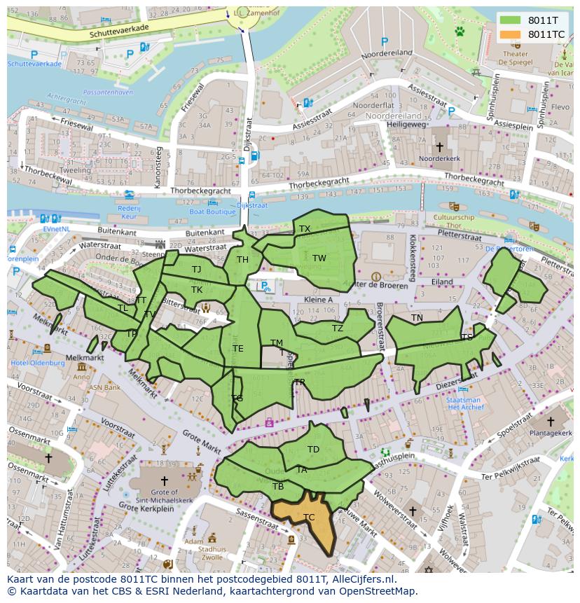 Afbeelding van het postcodegebied 8011 TC op de kaart.