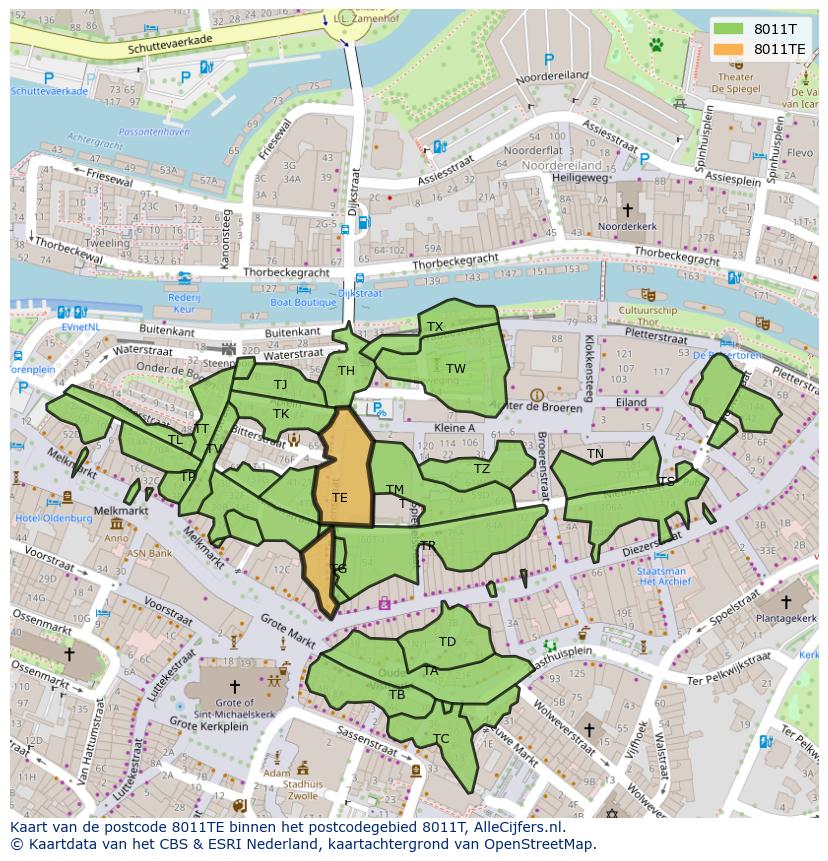 Afbeelding van het postcodegebied 8011 TE op de kaart.