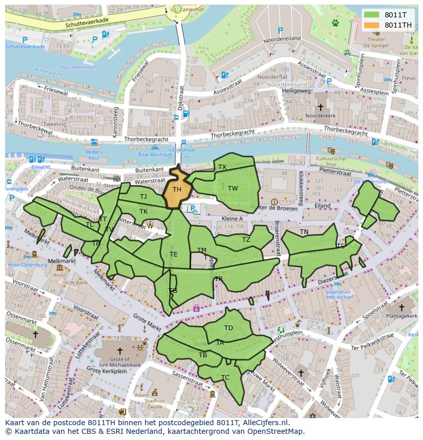 Afbeelding van het postcodegebied 8011 TH op de kaart.