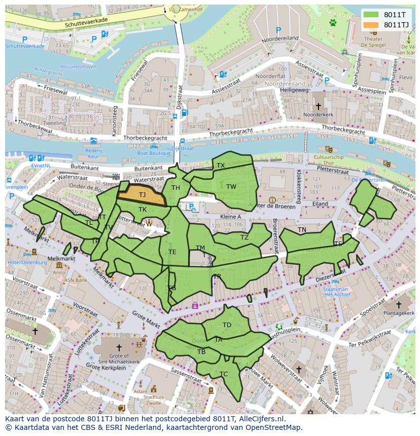 Afbeelding van het postcodegebied 8011 TJ op de kaart.