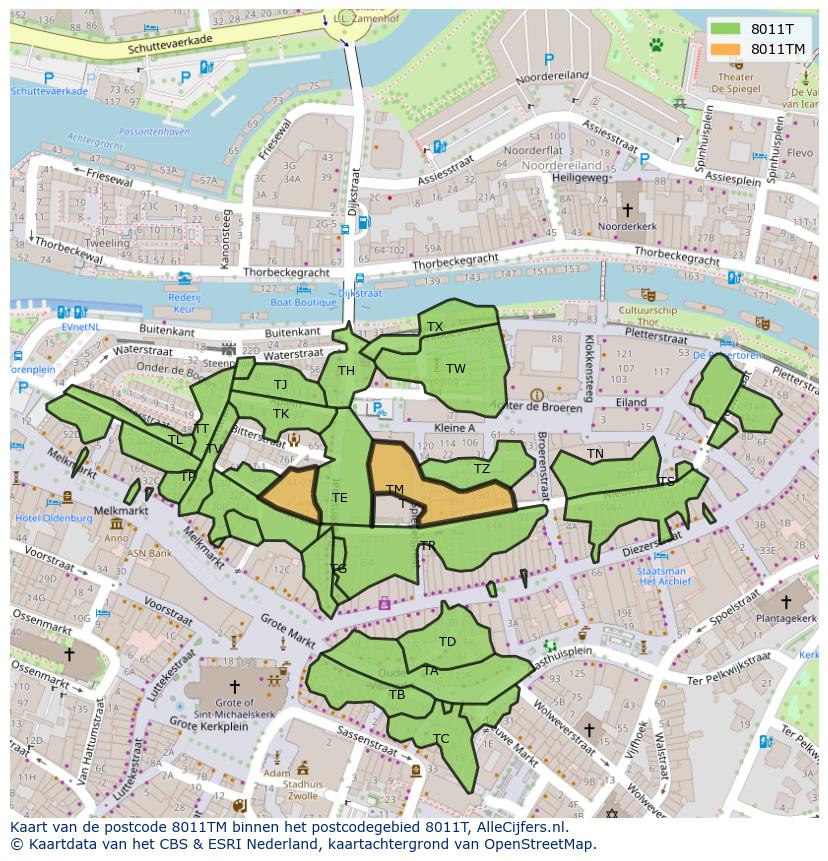 Afbeelding van het postcodegebied 8011 TM op de kaart.