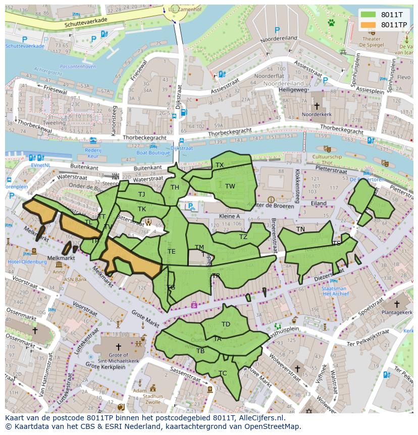 Afbeelding van het postcodegebied 8011 TP op de kaart.
