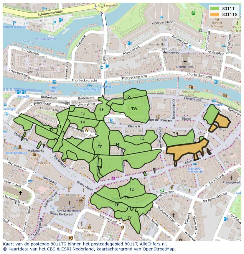 Afbeelding van het postcodegebied 8011 TS op de kaart.