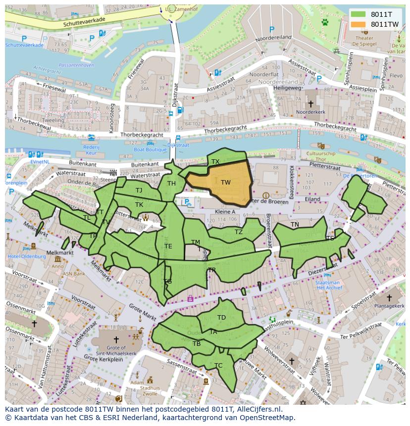 Afbeelding van het postcodegebied 8011 TW op de kaart.