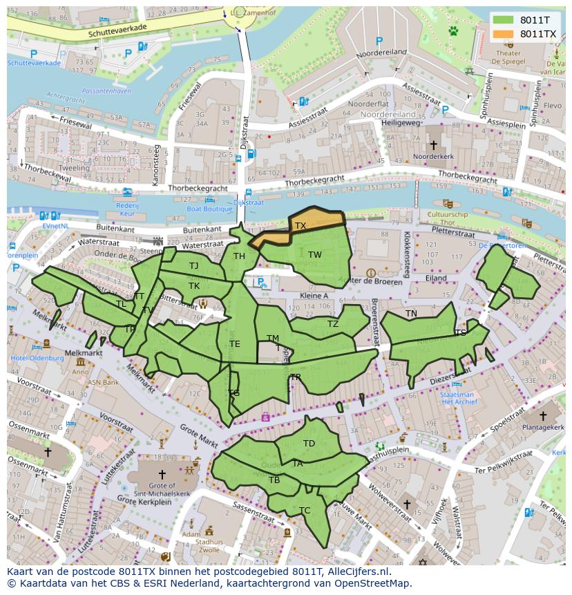 Afbeelding van het postcodegebied 8011 TX op de kaart.