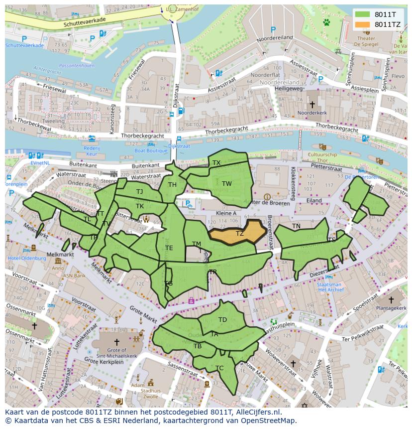 Afbeelding van het postcodegebied 8011 TZ op de kaart.