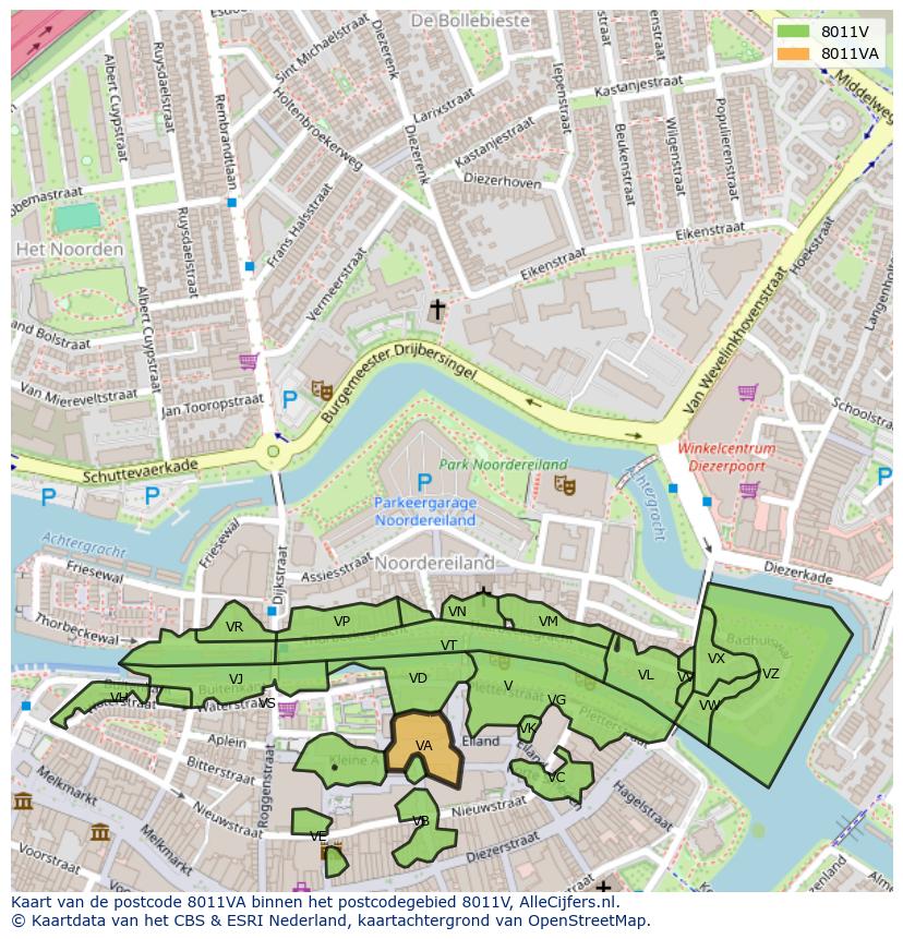 Afbeelding van het postcodegebied 8011 VA op de kaart.