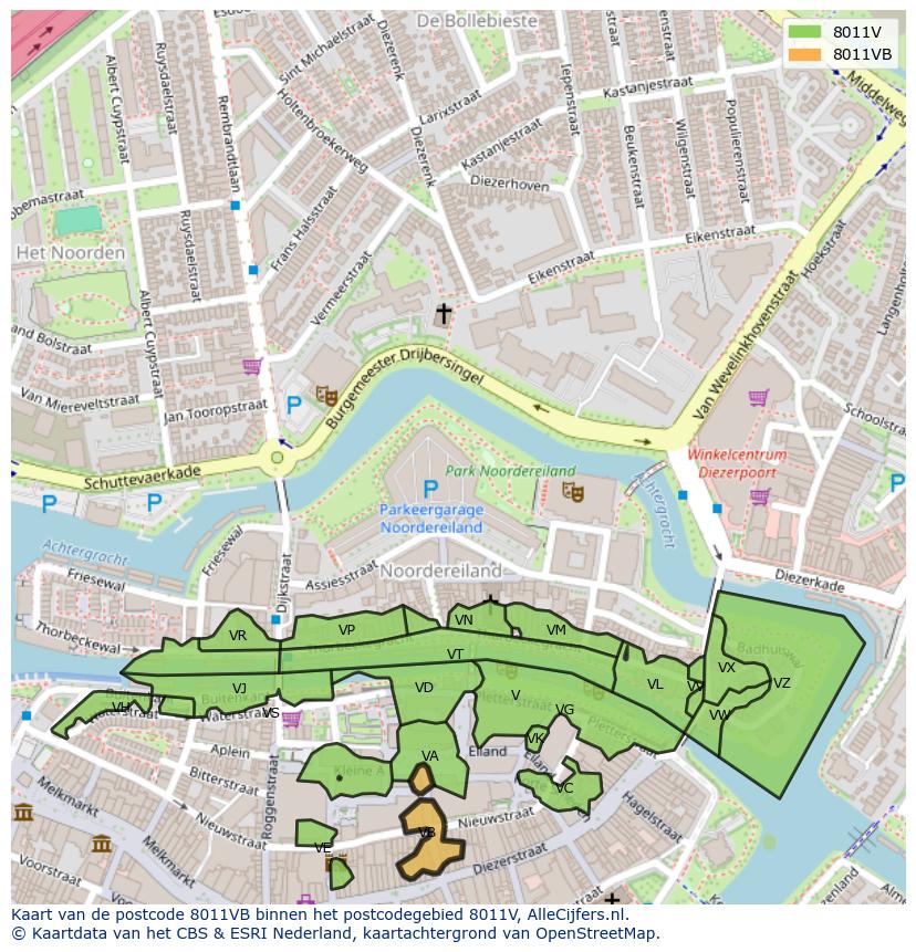 Afbeelding van het postcodegebied 8011 VB op de kaart.