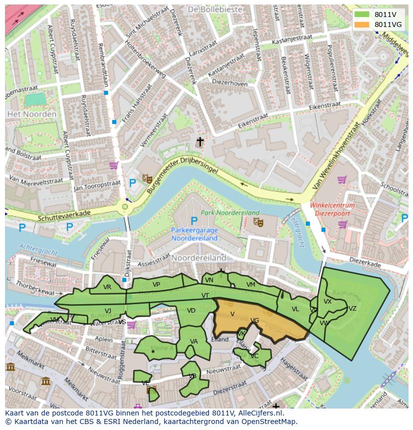 Afbeelding van het postcodegebied 8011 VG op de kaart.