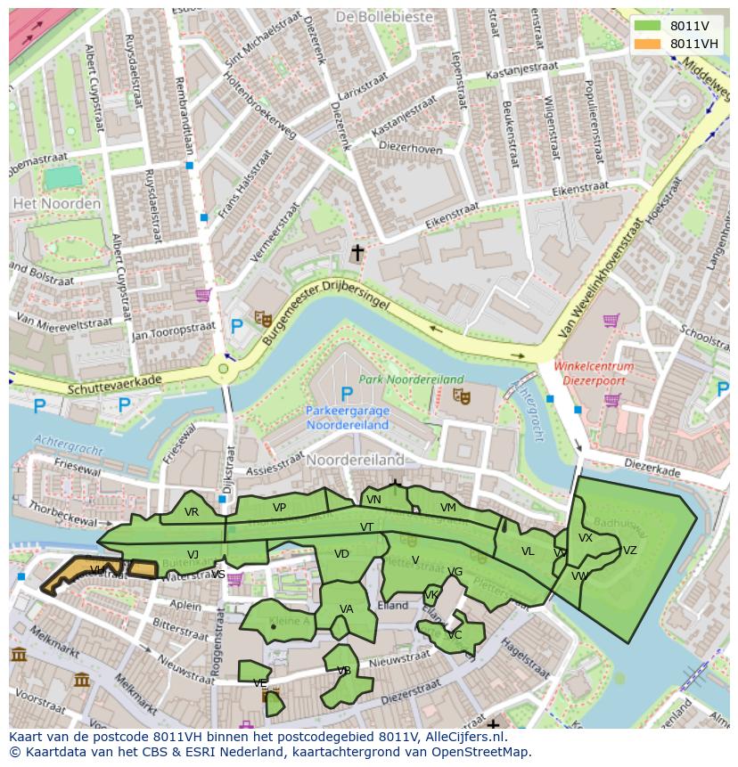 Afbeelding van het postcodegebied 8011 VH op de kaart.