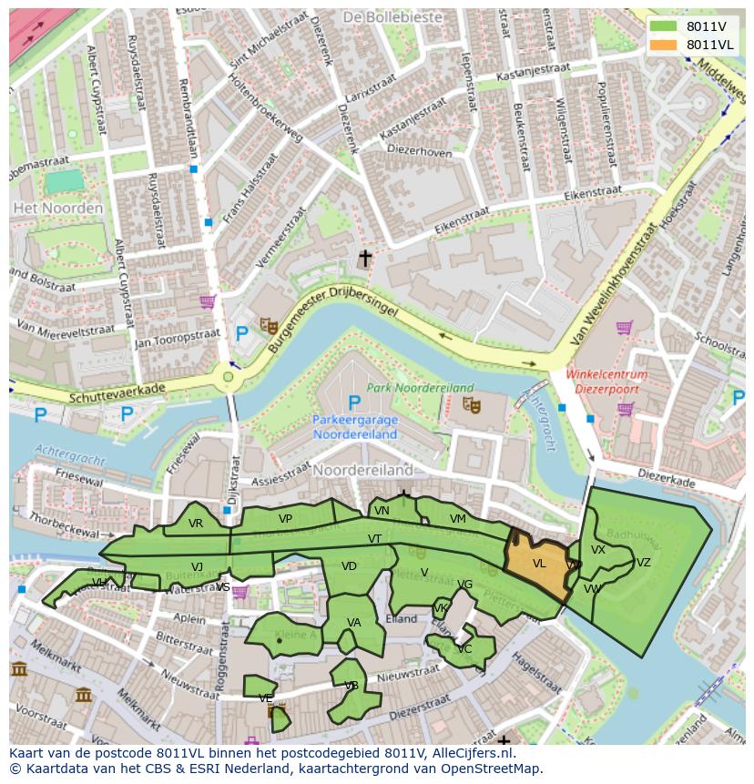 Afbeelding van het postcodegebied 8011 VL op de kaart.