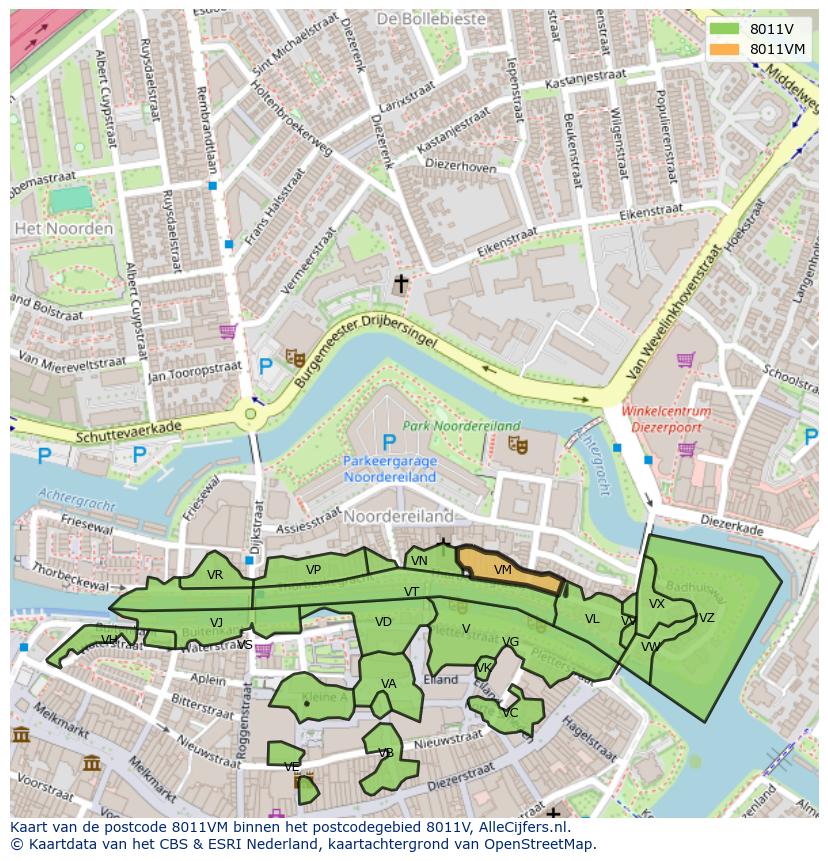 Afbeelding van het postcodegebied 8011 VM op de kaart.