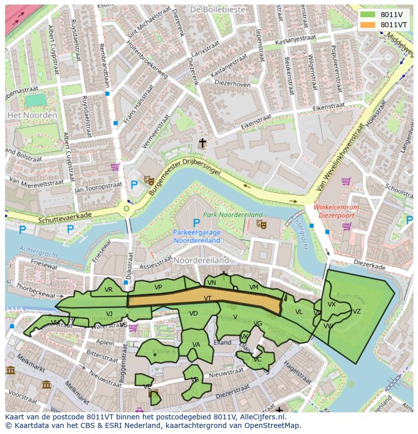Afbeelding van het postcodegebied 8011 VT op de kaart.