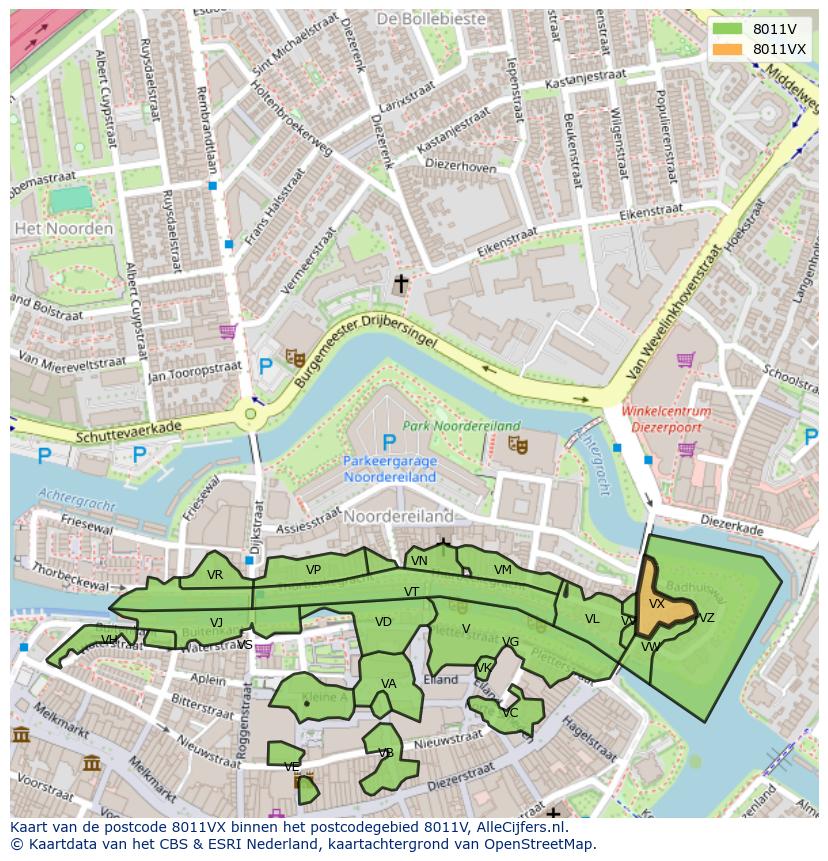 Afbeelding van het postcodegebied 8011 VX op de kaart.