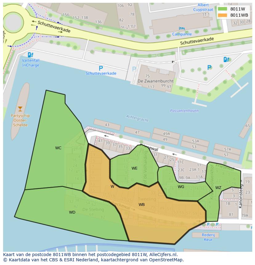 Afbeelding van het postcodegebied 8011 WB op de kaart.