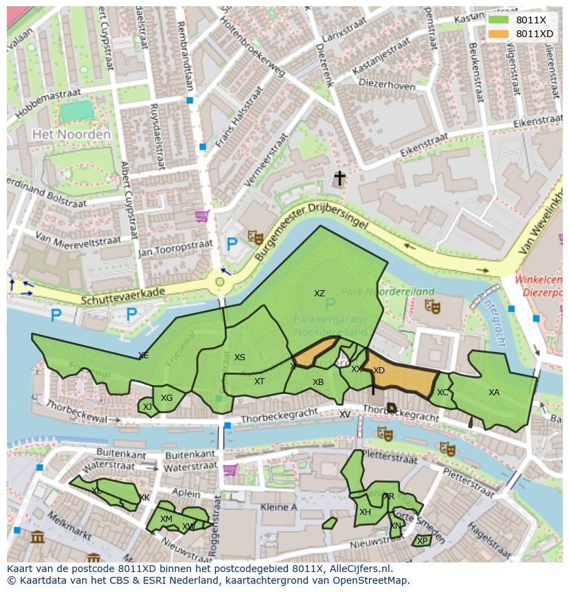 Afbeelding van het postcodegebied 8011 XD op de kaart.