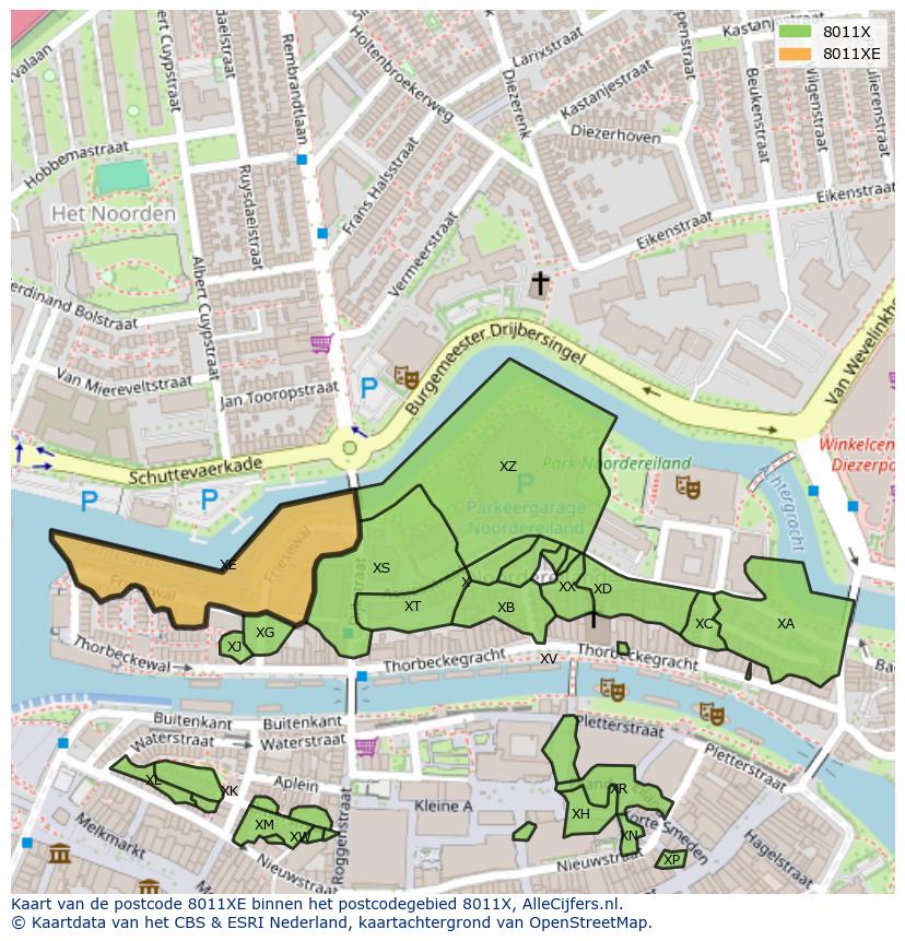 Afbeelding van het postcodegebied 8011 XE op de kaart.