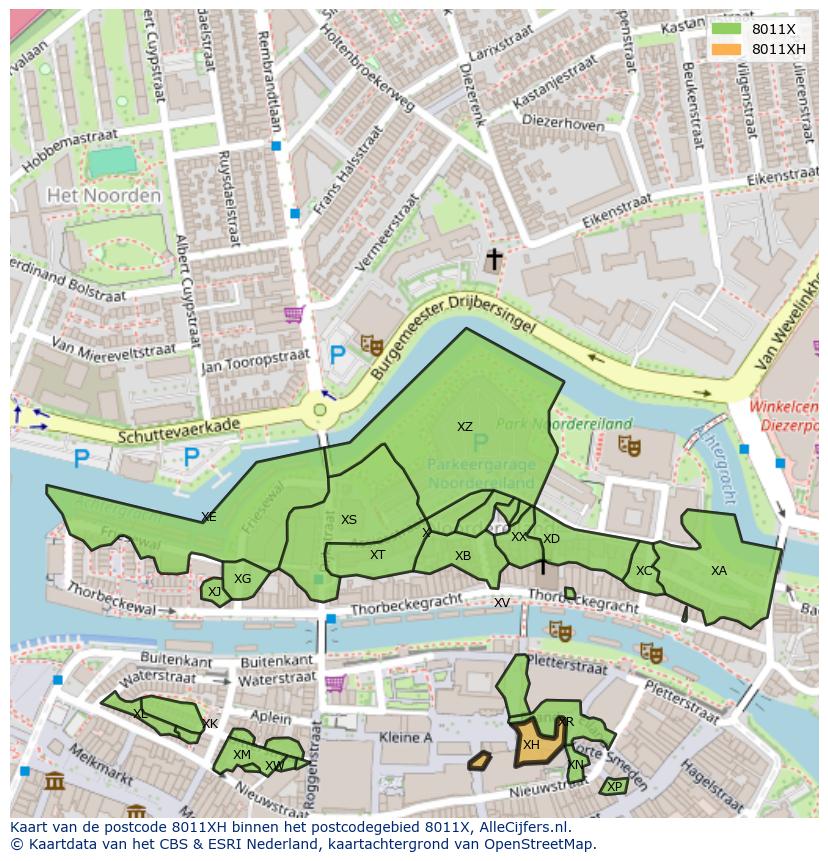 Afbeelding van het postcodegebied 8011 XH op de kaart.