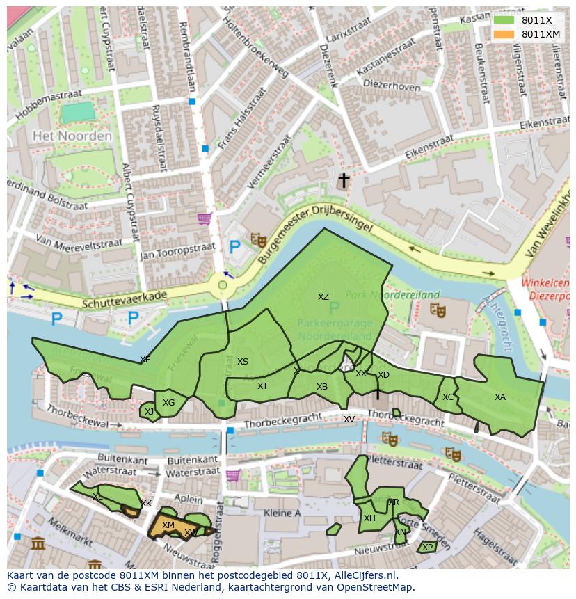 Afbeelding van het postcodegebied 8011 XM op de kaart.