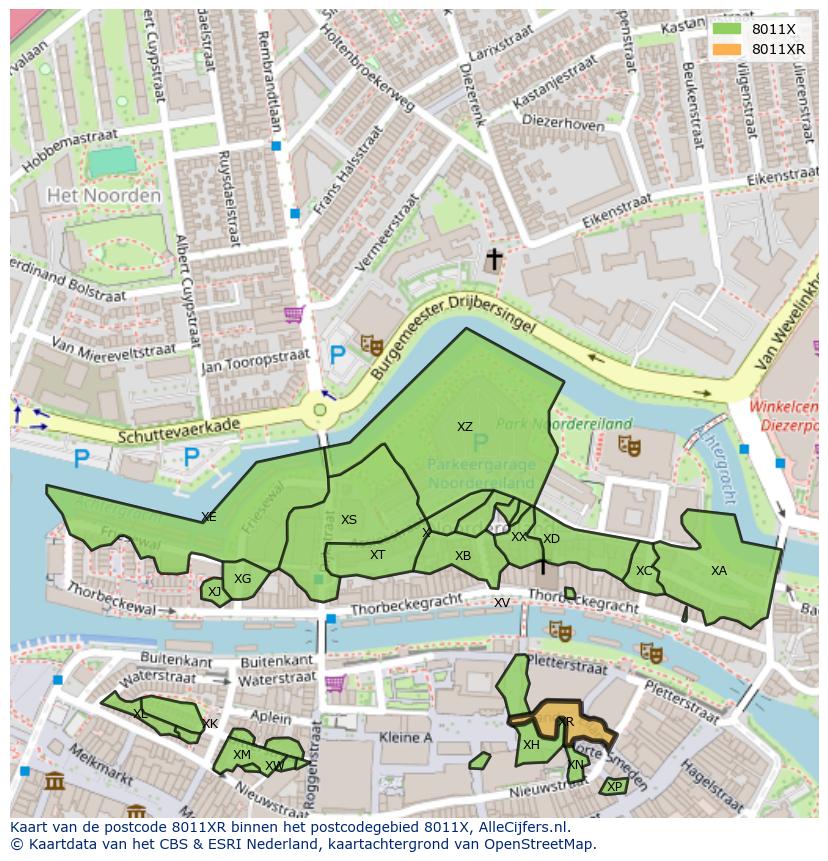 Afbeelding van het postcodegebied 8011 XR op de kaart.