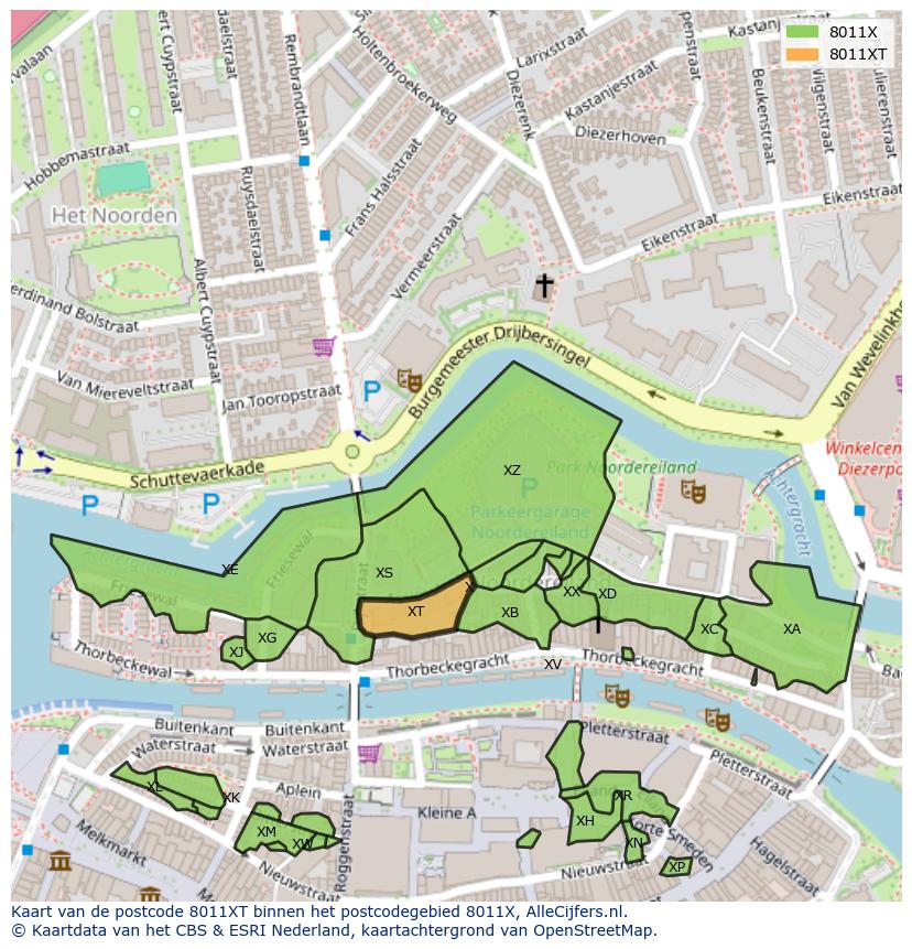 Afbeelding van het postcodegebied 8011 XT op de kaart.