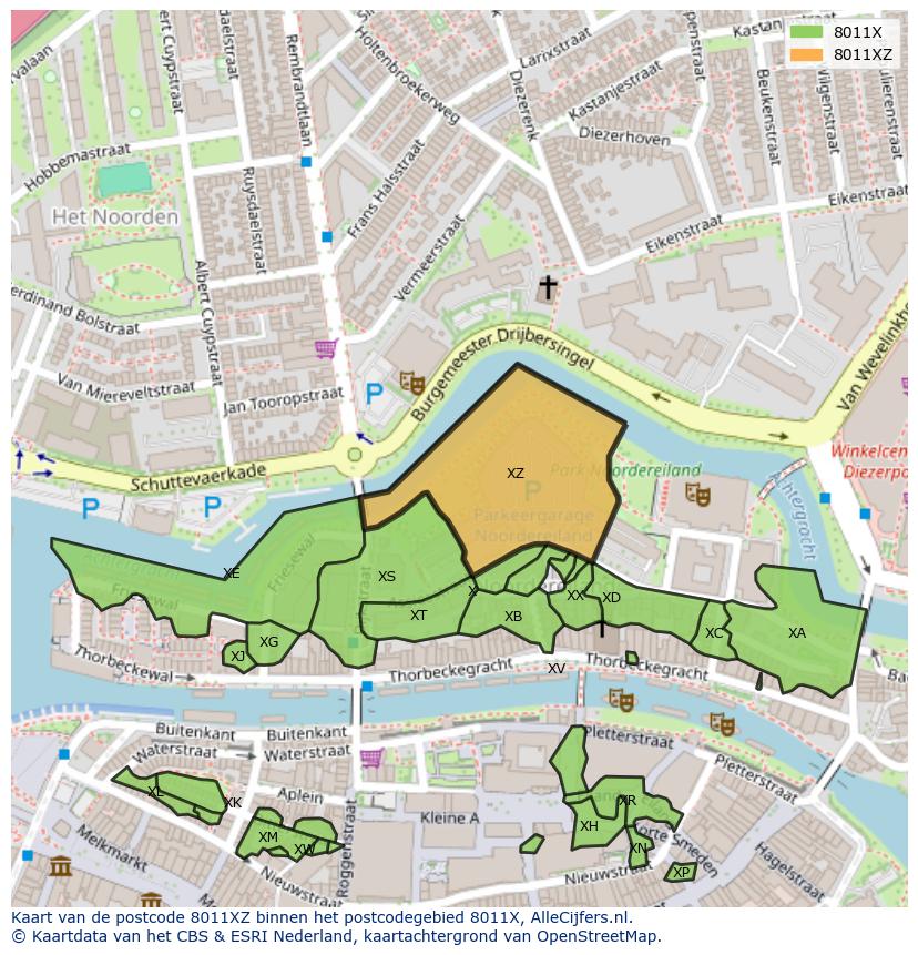 Afbeelding van het postcodegebied 8011 XZ op de kaart.