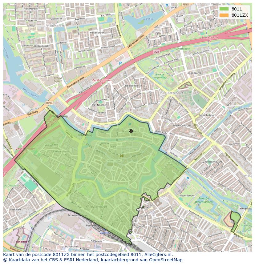 Afbeelding van het postcodegebied 8011 ZX op de kaart.