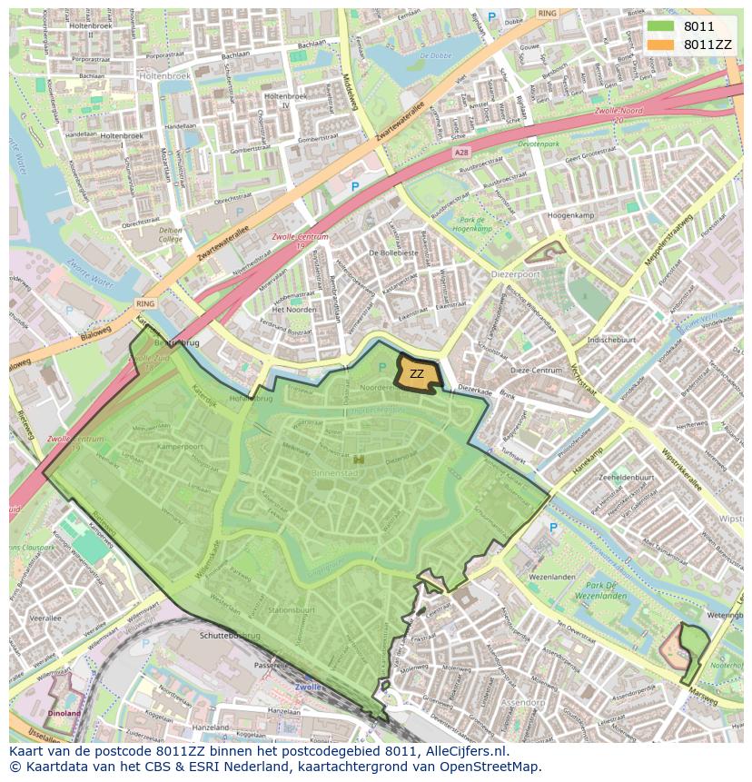 Afbeelding van het postcodegebied 8011 ZZ op de kaart.