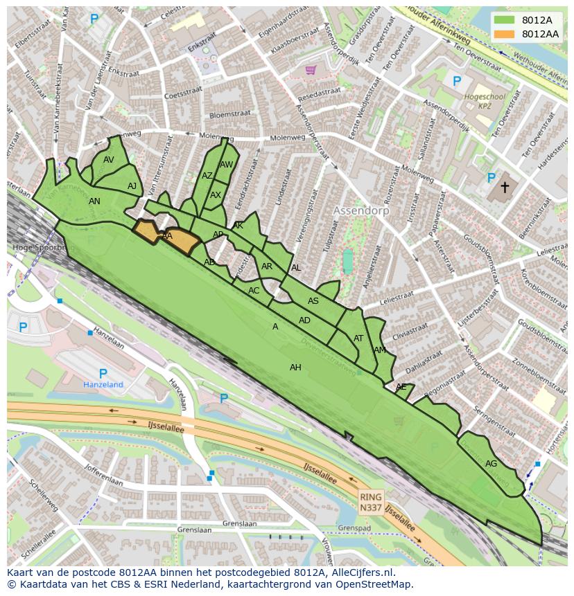 Afbeelding van het postcodegebied 8012 AA op de kaart.