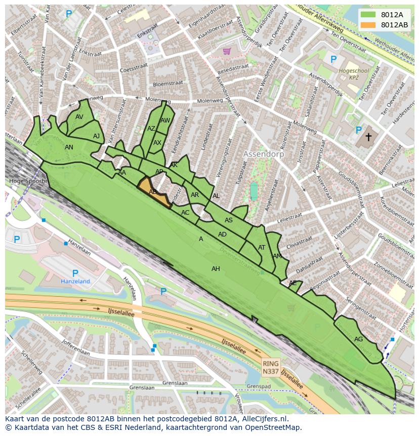 Afbeelding van het postcodegebied 8012 AB op de kaart.