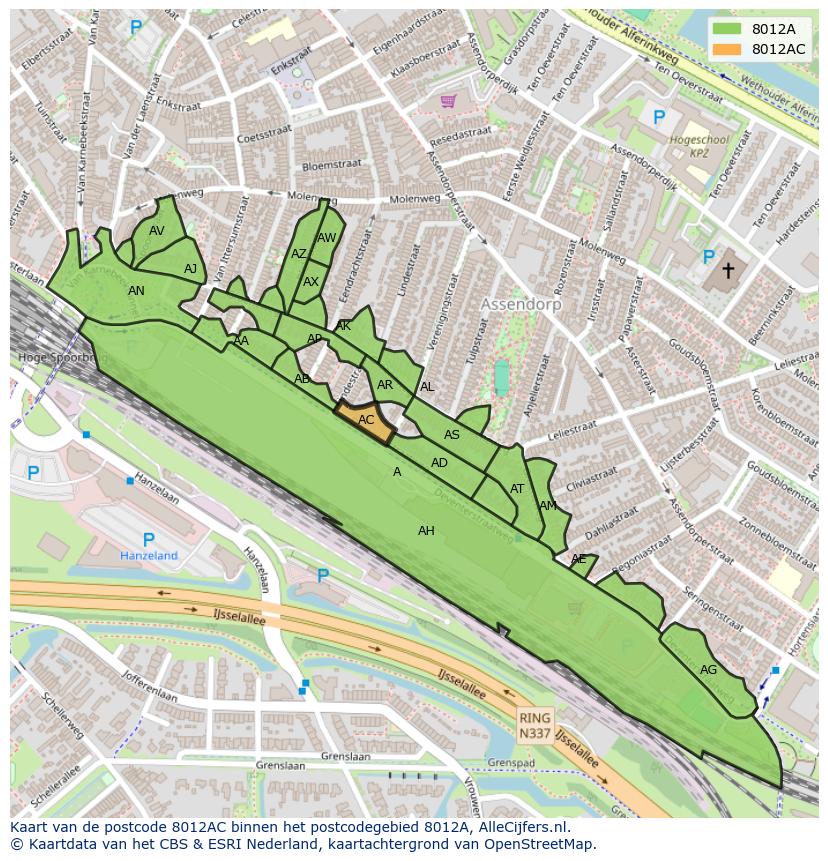 Afbeelding van het postcodegebied 8012 AC op de kaart.