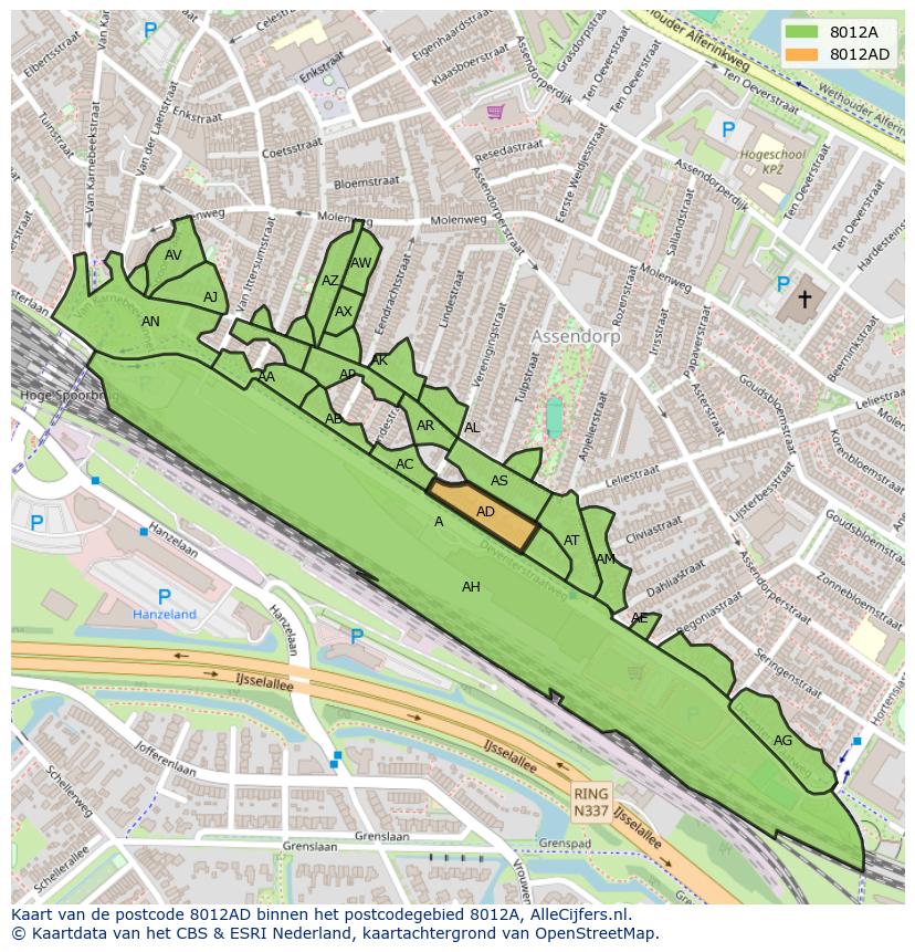 Afbeelding van het postcodegebied 8012 AD op de kaart.