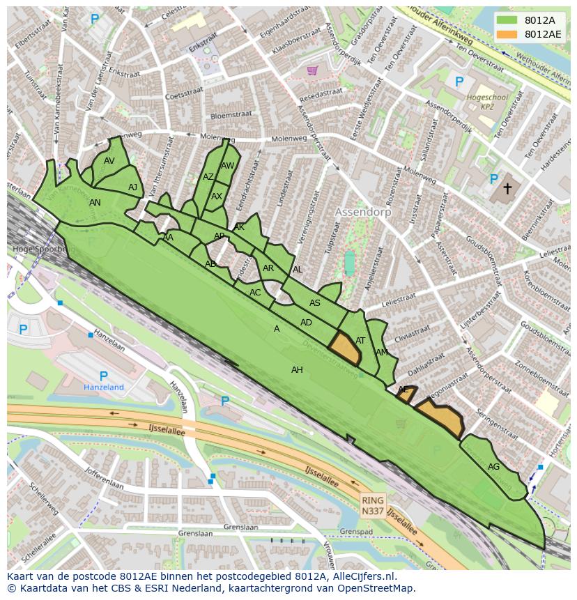 Afbeelding van het postcodegebied 8012 AE op de kaart.