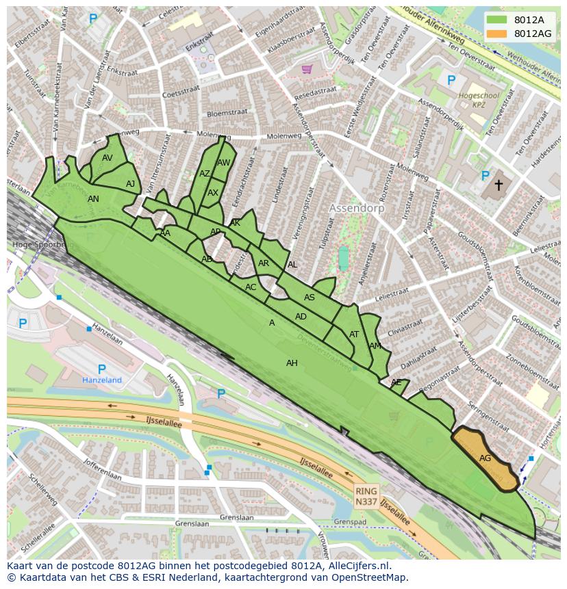 Afbeelding van het postcodegebied 8012 AG op de kaart.