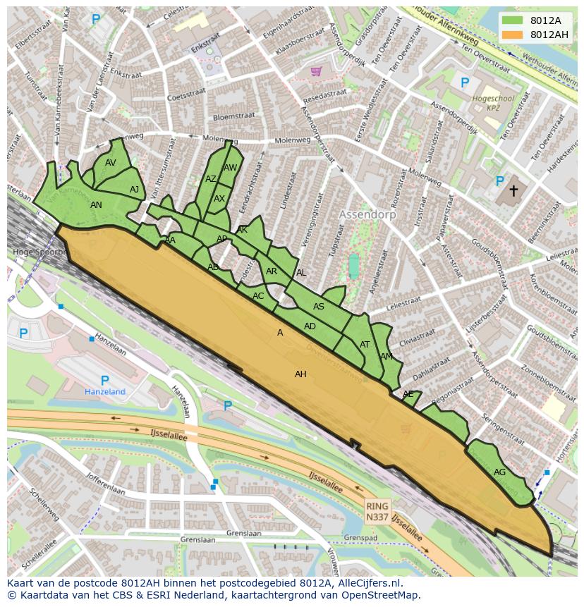 Afbeelding van het postcodegebied 8012 AH op de kaart.