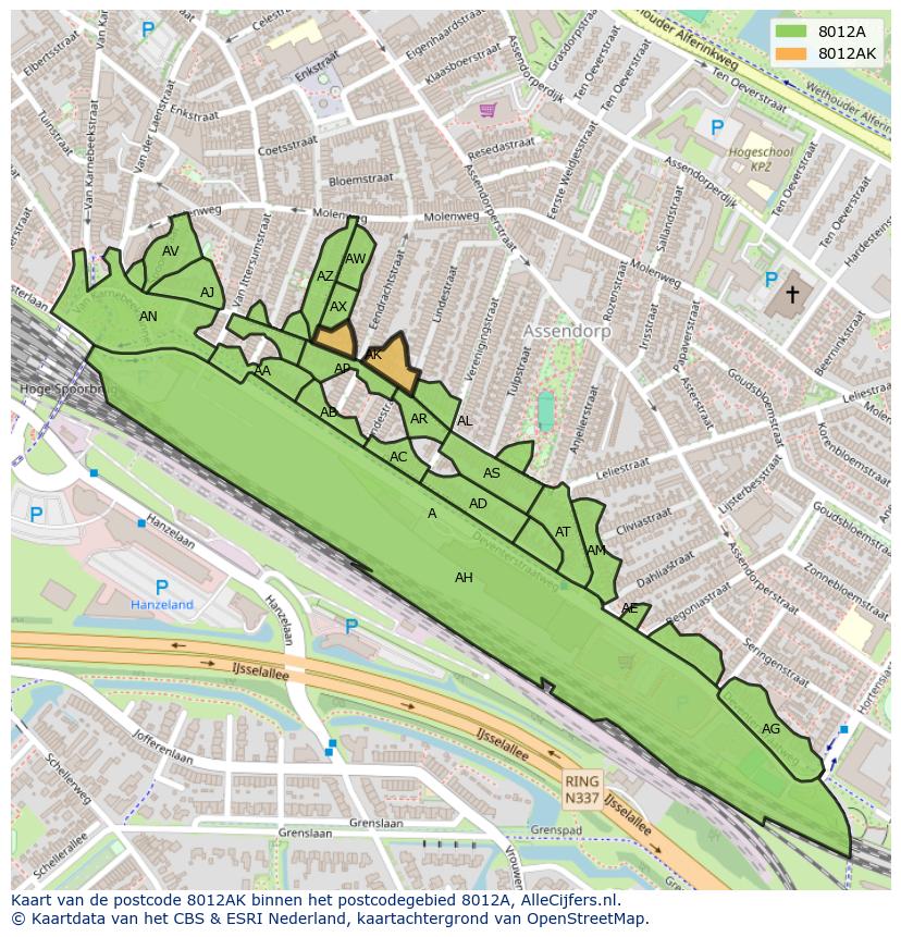 Afbeelding van het postcodegebied 8012 AK op de kaart.