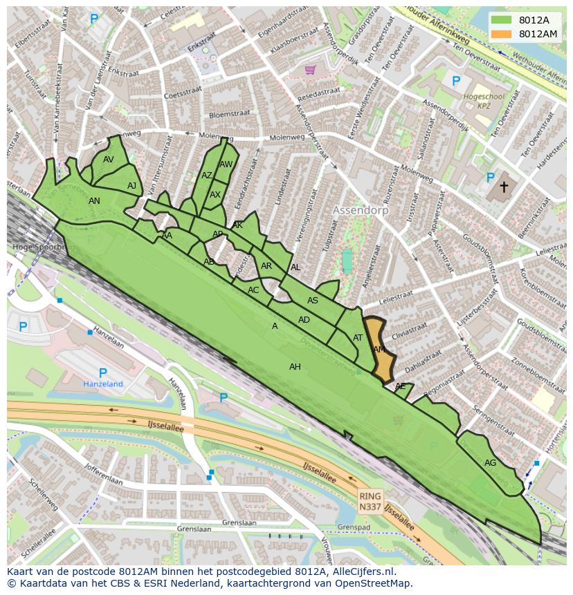 Afbeelding van het postcodegebied 8012 AM op de kaart.