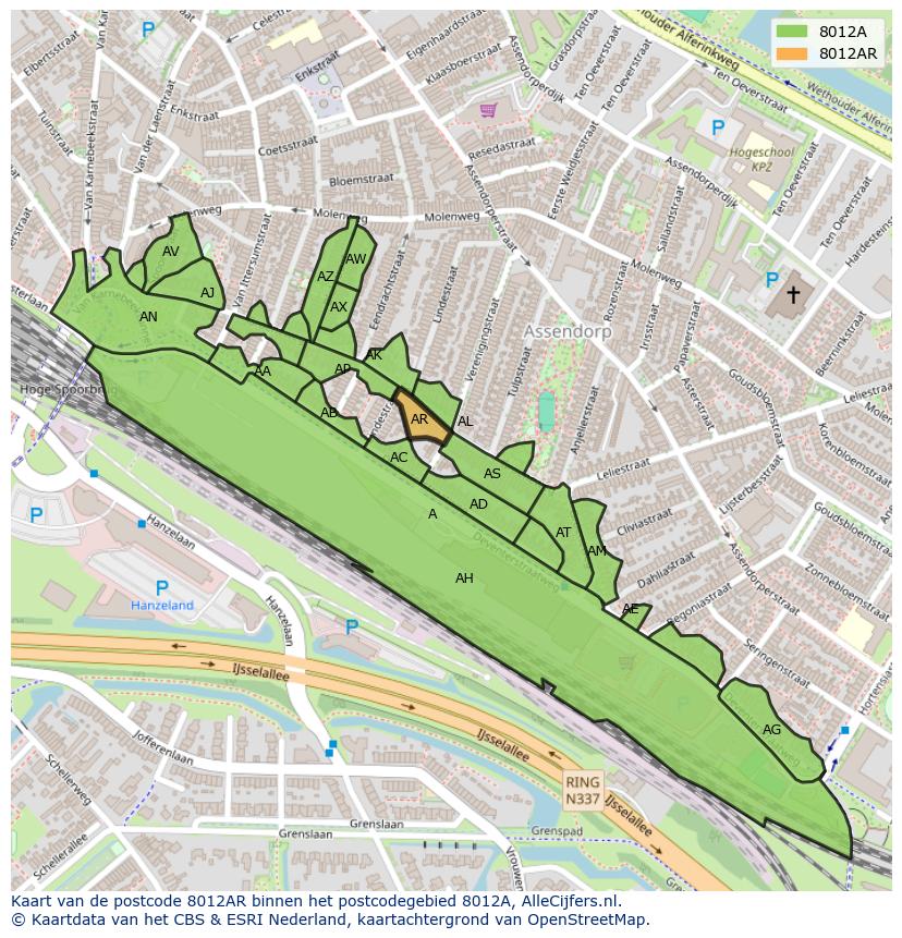 Afbeelding van het postcodegebied 8012 AR op de kaart.