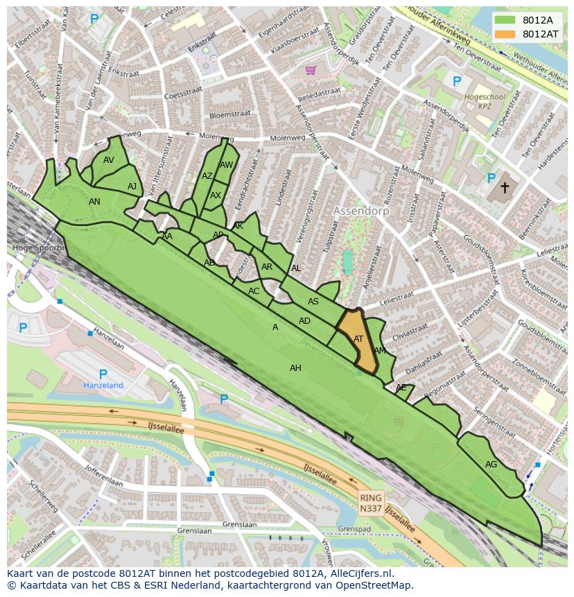 Afbeelding van het postcodegebied 8012 AT op de kaart.
